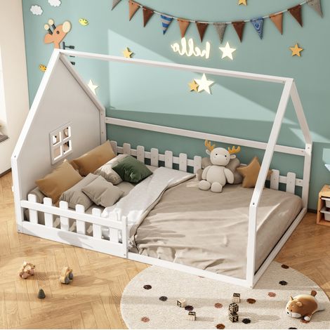 Kinderbett 140x200 cm Weiß aus Kiefernholz und MDF mit Hausform und Schutzgitter (1/5)