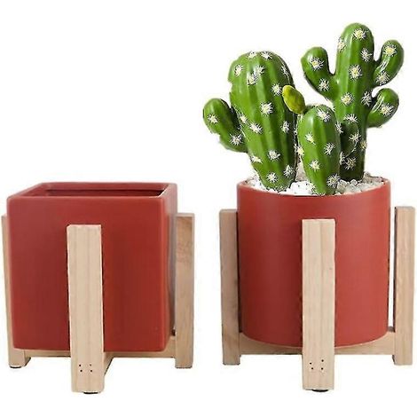 Lot de 2 pots de fleurs en céramique avec support en bois, style moderne, pour une utilisation intérieure et extérieure, rouge (rond + carré) (1/5)