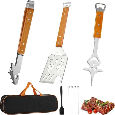 Ensemble 5 ustensiles de barbecue, pince, fourchette à viande, spatule, pinceau et 4 brochettes, manches longs en bois et acier inoxydable, kit multifonction avec sac de rangement (1/5)