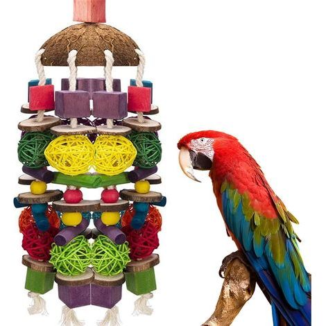 Juguete masticable para loros, juguete grande de madera natural de 56 cm (22 pulgadas), juguete para loros, juguete para morder para loros grandes, loros grises africanos. (1/5)