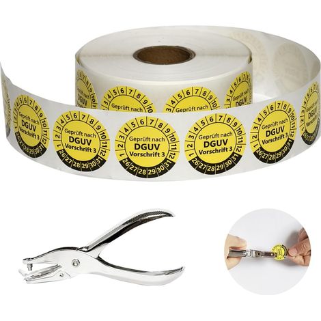 Lot de 1000 plaques de test avec pince perforatrice - Jaune - Diamètre : 30 mm - Autocollantes - 2026-2031 - Avec perforatrice manuelle de 3 mm - Kit complet pour le contrôle des installations (1/5)