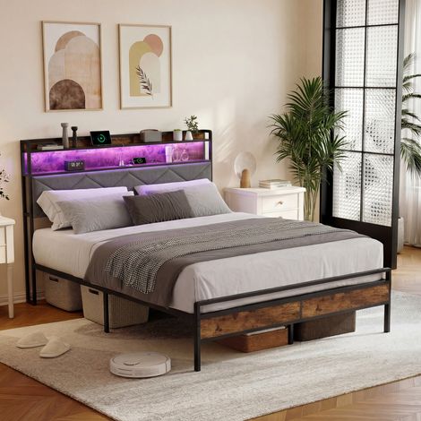 Lit double 140x200cm, lit 2 places, LED réglable, Chargement USB, Structure Métal, Sommier Inclus, Chambre moderne, lin