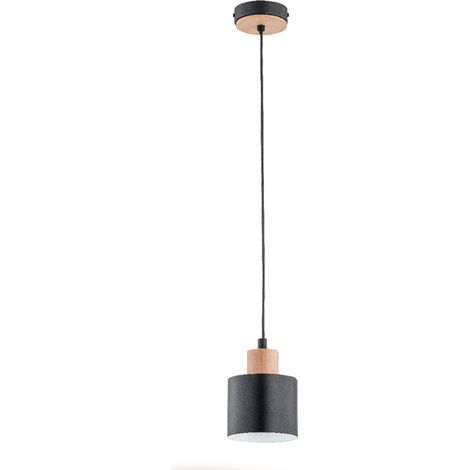 Alfa IVO Industrial Loft Pendant Light, Matte Black Metal with Light Wood Accents, 1x E27 Socket, Dimmable, 90 cm Hanging Ceiling Lamp for Kitchen & Dining Room