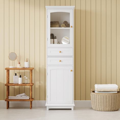 Meuble de salle de bain 45x36x160cm, portes vitrées, deux placards, deux tiroirs, étagères réglables, poignées dorées, glissières de tiroir en bas, blanc.