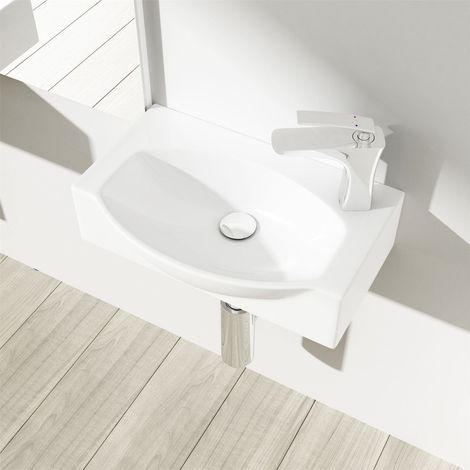 Durovin Bathrooms Compact Ceramic Sink - Wall Hung or Countertop - D Shape Cloakroom Hand Washing Basin - One Right Corner Tap Hole (1/5)