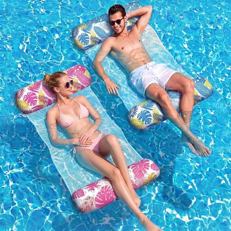 Tapis flottants de piscine (lot de 2), matelas de piscine gonflable 4 en 1, filet pour hamac de piscine pliable et portable, convient aux vacances à la plage des adultes et des enfants. (1/5)