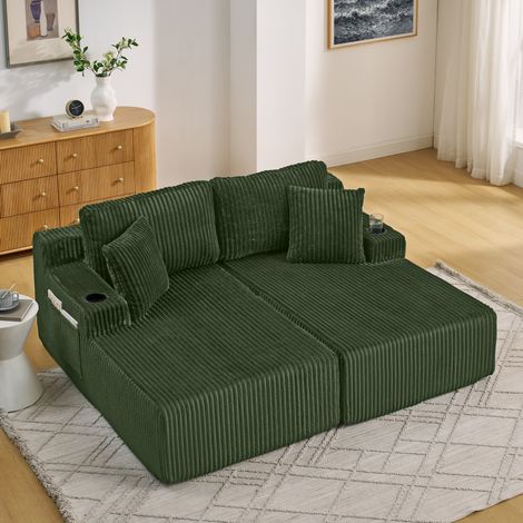Seyakany Canapé 2 places en velours côtelé avec rangement latéral et porte-gobelets,Vert (1/5)
