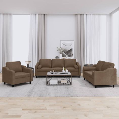 3-tlg. Sofagarnitur mit Kissen Braun Stoff vidaXL