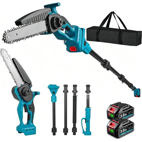 2 in 1 Telescopic Chainsaw, 2.4 m Extension Pole 2 Batteries of 3.0Ah, 8 Inch Electric Chainsaw Telescopic Pruning with Removable Pole (1/5)