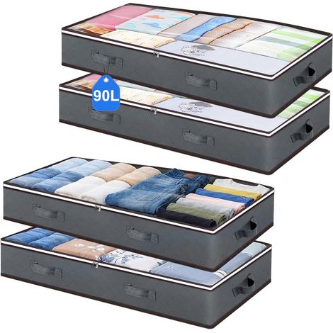 4 Stück 90L Unterbettkommode, Aufbewahrungsbox mit Deckel Faltbare Unterbett Aufbewahrungsbox für Kleidung, Bettdecken und Bettwäsche, Grau (1/5)