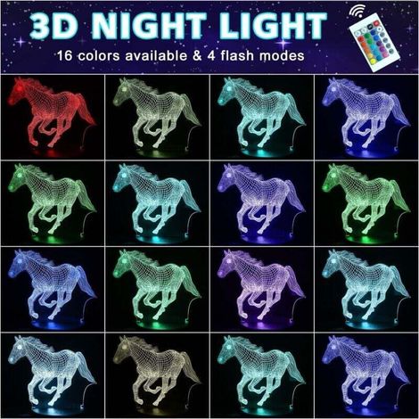 Veilleuse tactile/télécommandée en forme de cheval 3D avec 16 couleurs à intensité variable (rechargeable) (1/3)