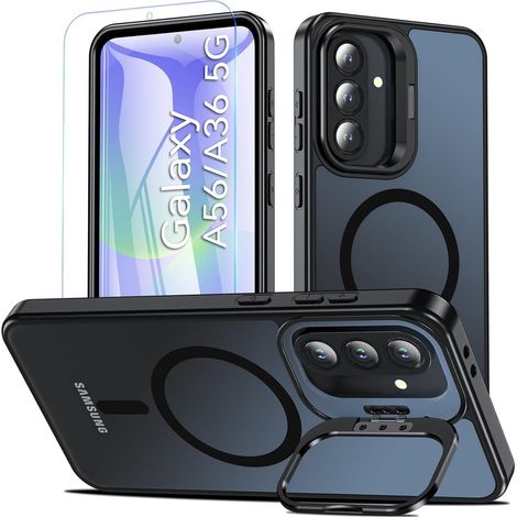 Coque pour Samsung A56/A36 5G avec Béquille Intégrée,Compatible avec MagSafe,Housse Militaire avec Protection Écran,Magnétique Coque A56/A36,Résistant Rayures, Translucide Noir (1/5)