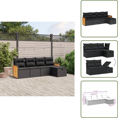 The Living Store 5-tlg. Garten-Sofagarnitur mit Kissen Schwarz Poly Rattan - Gartengestell - Gartenmöbelset - Gartenlounge - Rattanmöbel - Balkonmöbel