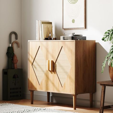 Buffet Rattan 2 Portes avec Étagères Réglables, Meuble de Rangement Bohème en Bois pour Salon Entrée (1/5)
