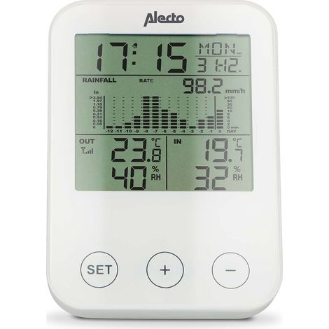 Alecto WS-1200 - Estación meteorológica, medición de temperatura, humedad, medición de precipitación inalámbrica, funciona con batería, sensor externo inalámbrico, color blanco