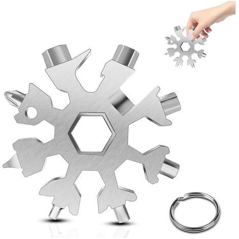 Outil Flocon Neige Outil multifonction en acier inoxydable 18-en-1, pour Les Voyages Quotidiens Camping Adventure multifonction portatif Mini Tools Cadeau Noel (argent) (1/5)