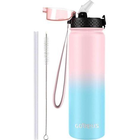 Thermosflasche 1L Edelstahl Strohhalm Auslaufsicher Rosa Blau 1000 ml (1/5)