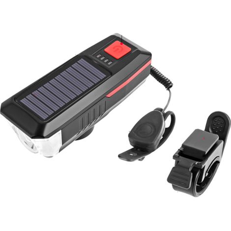 Phare de vélo solaire USB rechargeable avec klaxon et feu arrière rond rouge pour cyclisme nocturne