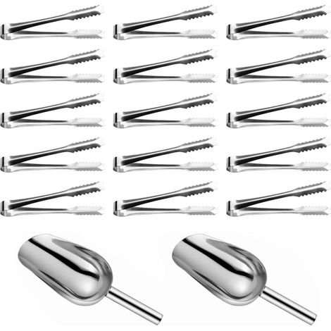 Set 17x Pelles à glace et mini pinces à sucre en acier inoxydable - 2 cuillères bonbons métal et 15 pinces service petites pour buffets bonbons, glaçons, farine, mariages, bars à café et fêtes (1/5)