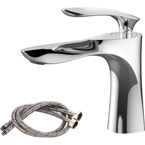 Einloch-Waschtischarmatur mit einem Hahnloch für Warm- und Kaltwasser, inklusive 60 cm langem Wasserzulaufschlauch, silberfarben (1/5)
