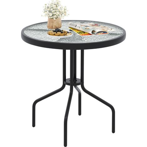 Tavolo pranzo patio 70 cm piano vetro temperato Tavolo bistro rotondo metallo Nero (1/4)