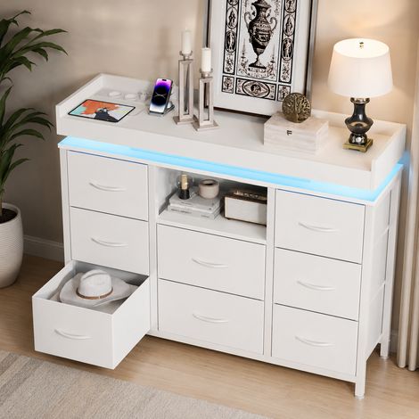 Commode à 8 tiroirs en tissu 108×30×82cm,lumière LED et port USB,meuble de rangement multifonctionnel,étagères,armoire de rangement,pieds réglables,anti-basculement,pour chambres et salons,MDF,Blanc (1/5)