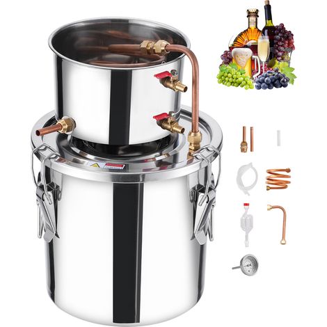 VEVOR Destilador de Alcohol, de Acero Inoxidable de 11,4 L, con Bobina de Cobre, Kit de Fermentación y Refinación para Elaboración de Cerveza Casera con Termómetro, para Vino, Whisky, Brandy, Plata (1/5)