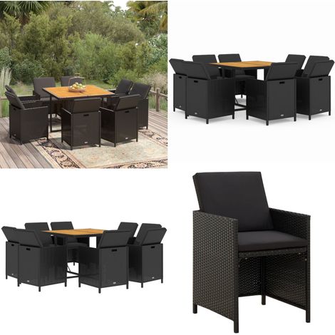 Set da Pranzo da Giardino 9 pz con Cuscini Nero in Polyrattan - Tavolo da giardino - Sedie da giardino