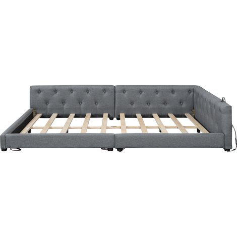Lit banquette 140 x 200 cm en lin gris avec lattes, LED et ports USB Type-C (1/5)