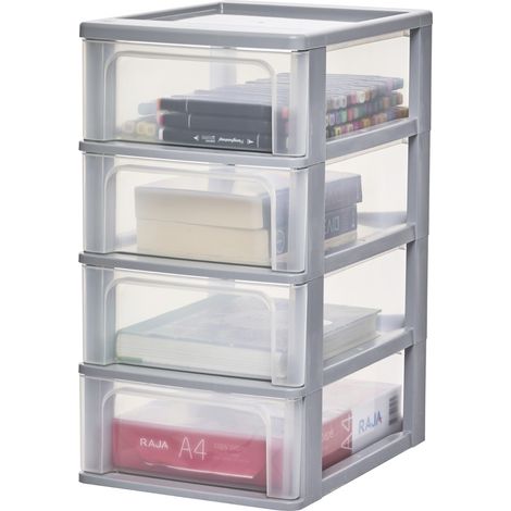 Iris Ohyama Cassettiera in Plastica, Portaoggetti, 4 Cassetti Medi, Grigio, Apertura Facile, Formato A4, A5 e A6, Organizzatore, Per Ufficio, Scuola, Cartoleria, Senza BPA, Contenitore, OCH-2004