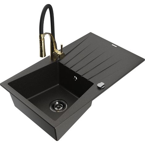 Mexen Cesar fregadero de granito de 1 compartimento con escurridor y grifo de cocina Aster, negro/oro metálico (1/5)