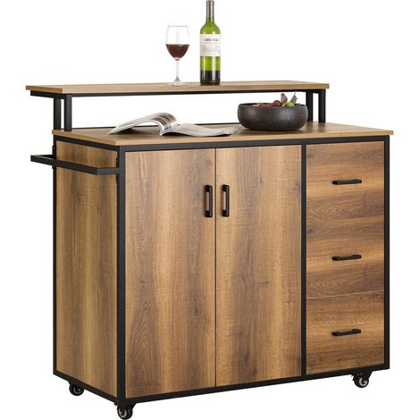 Carro de Cocina de Diseño con Encimera Isla de Cocina Armario de Cocina con 2 Puertas, 3 Cajones, 1 Toallero y 1 Estante Adicional 113 x 69 x 106 cm KNL02-PF SoBuy ES (1/5)