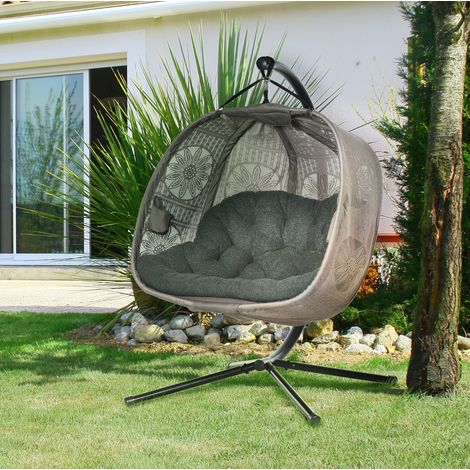 Sillón colgante para 2 personas con soporte, plegable, con cojín, acero, color arena OKMYHOME (1/5)