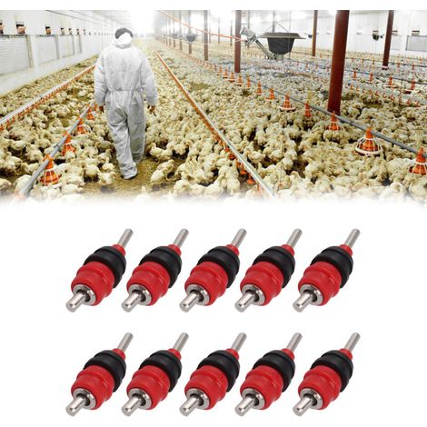 Automatische Hühnertränken mit Anti-Tropf-System und roten Edelstahlkugeln, 10 Stück für stressfreies Wassermanagement.