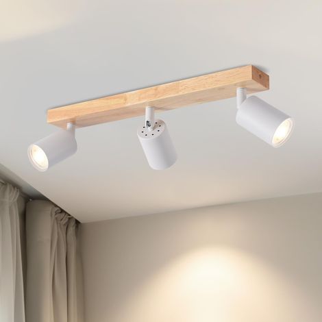Plafonnier 3 Spots LED GU10, Luminaires Intérieur Blanc, Applique Murale Chambre, Plafonnier Bois avec Base Rectangulaire, Lustre Salon(Sans Ampoules) (1/5)