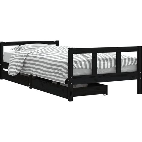 Lit simple Cadre de lit enfant avec tiroirs noir 90x200 cm bois pin massif