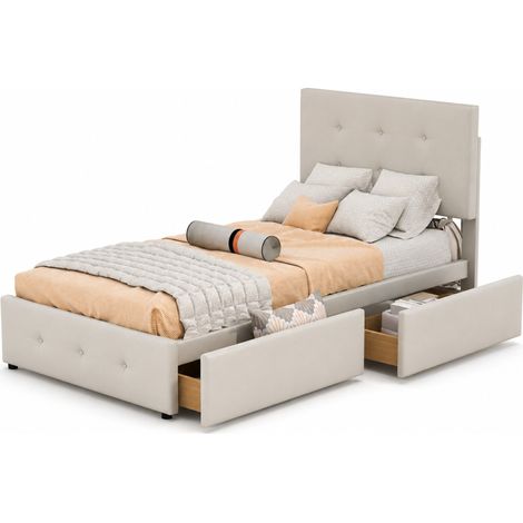 Polsterbett mit Schublade 90 x 200 cm aus Samt, Einzelbett mit Lattenrost, ohne Matratze, Beige (1/5)