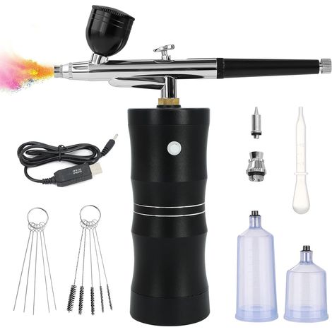 Airbrush Compressor Kit 34PSI Wireless Nozzle 0.4mm Portable  Motor 7.4V + 1000mAh Battery, 3 Buckets 10/20/40cc, 5 Brushes, Flow Regulator for Tattoo, Manicure, Cake, Modelism (1/5)