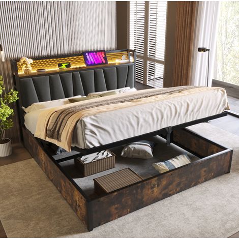 Cama con almacenamiento de lino gris de 180x200 cm con iluminación LED RGBW, cabecero con puertos USB y base de láminas. (1/5)