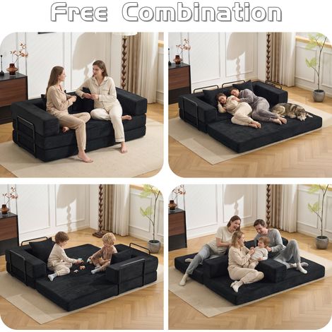 Canapé de sol convertible, futon lounge avec appui-tête et accoudoirs, tissu velours côtelé noir, matelas compressé avec coussin, lit d'appoint pour salon et chambre (1/5)