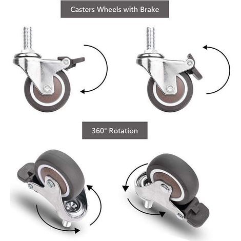 Roulettes de meubles, 2 roulettes pivotantes avec frein + 2 roulettes pivotantes sans frein, roulettes de meubles universelles M10x25mm, capacité de charge 40 kg par roulette (1/2)