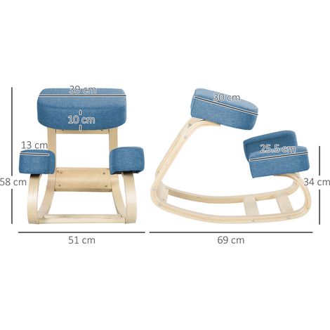 Chaise ergonomique à genoux en bois de bouleau (avec coussin), 51 x 69 x 58 cm, bleue (1/5)