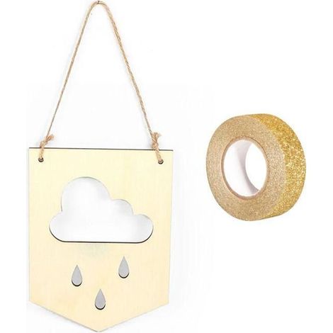 Fanion bois à suspendre 20 x 15 cm Nuage + masking tape doré à paillettes 5 m