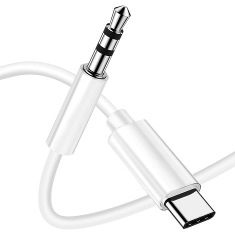 Câble USB C vers 3,5mm Jack 1M, USB Type C vers 3.5mm Mâle Adaptateur Jack Stéréo Voiture auxiliaire Compatible avec 16/15 Pro, S24 S23, Pixel 4 3(Blanc) (1/5)