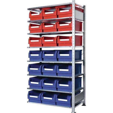 Steckregal H2000xB1000xT500mm Anbauregal 8 Stahlböden 9 x Gr. 2 blau, 12 x Gr. 2 rot