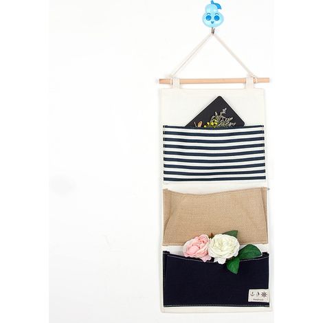 Tissu en lin et coton, porte murale, organisat à suspendre, sac de rangement à suspendre, 3 poches (bleu marine) (1/5)