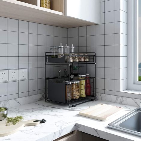 Sous Évier Étagère Sous Evier Rack Etagère de Rangement Cuisine Coulissants Conception de Rouleaux et Tiroirs Organizer Shelf Étagère de Rangement Pour Salle de Bain, Noir