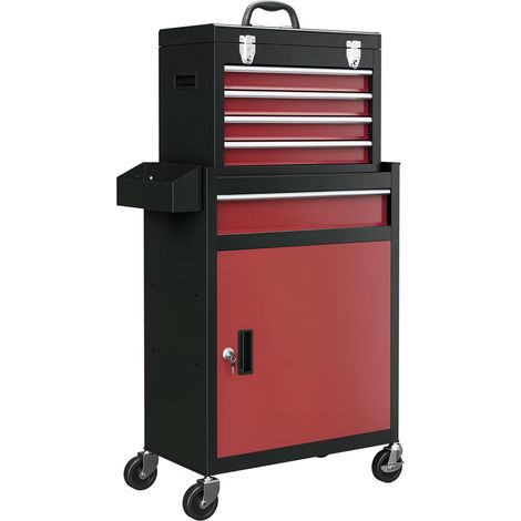 Armoire à outils sur roulettes avec 5 tiroirs et armoire verrouillable, sur roulettes pour l'atelier et la maison, rouge (1/5)