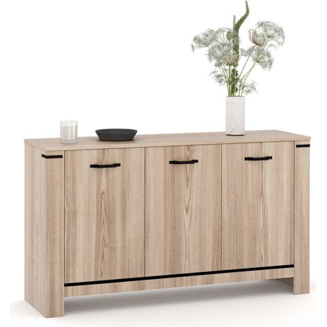 Idmarket – Buffet 140 cm 3 portes en bois clair – Design contemporain avec finitions en métal noir – Rangement optimal avec étagères ajustables (1/5)