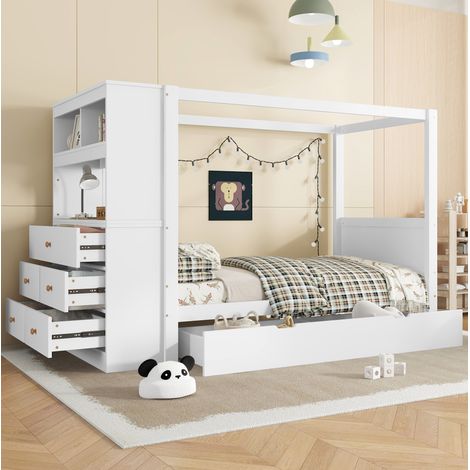 Letto singolo 240x94x155.5 cm, con cassettiera e 5 cassetti, spazio contenitore, legno massello e MDF, bianco (1/5)